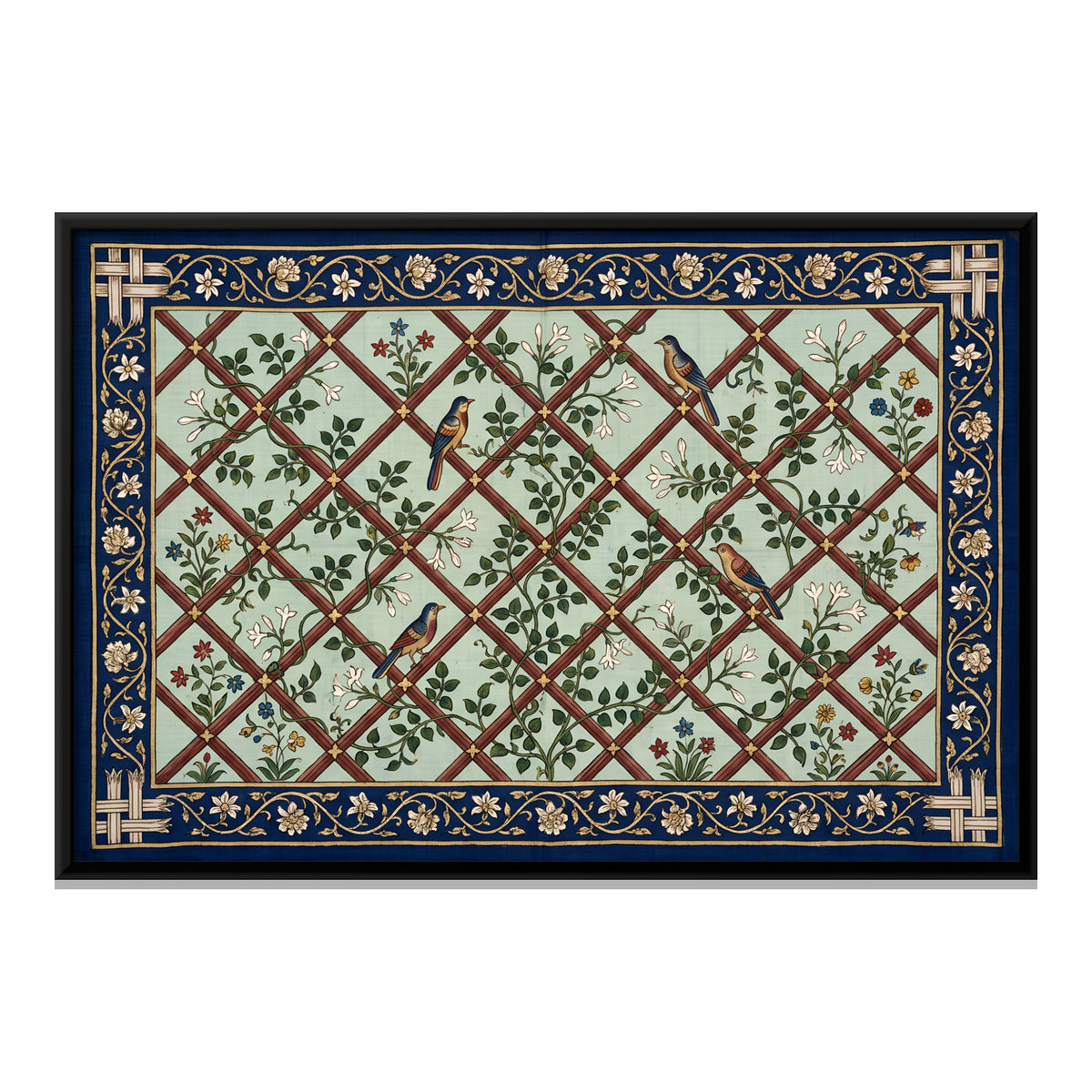 Birds on a Flowering Trellis - framed canvas print, front view