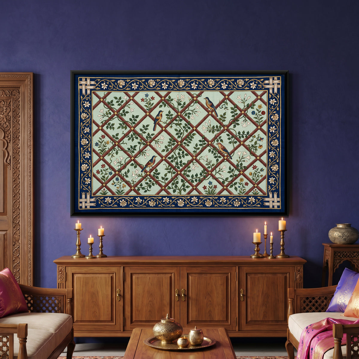 Birds on a Flowering Trellis - canvas art shown in a styled room