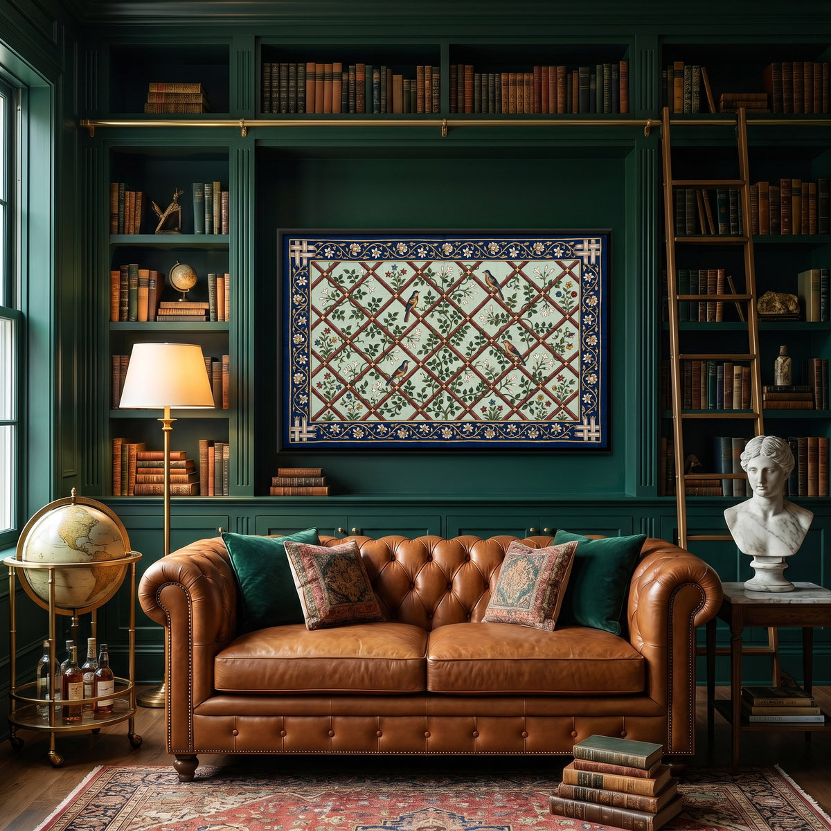 Birds on a Flowering Trellis - canvas art shown in a second room setting