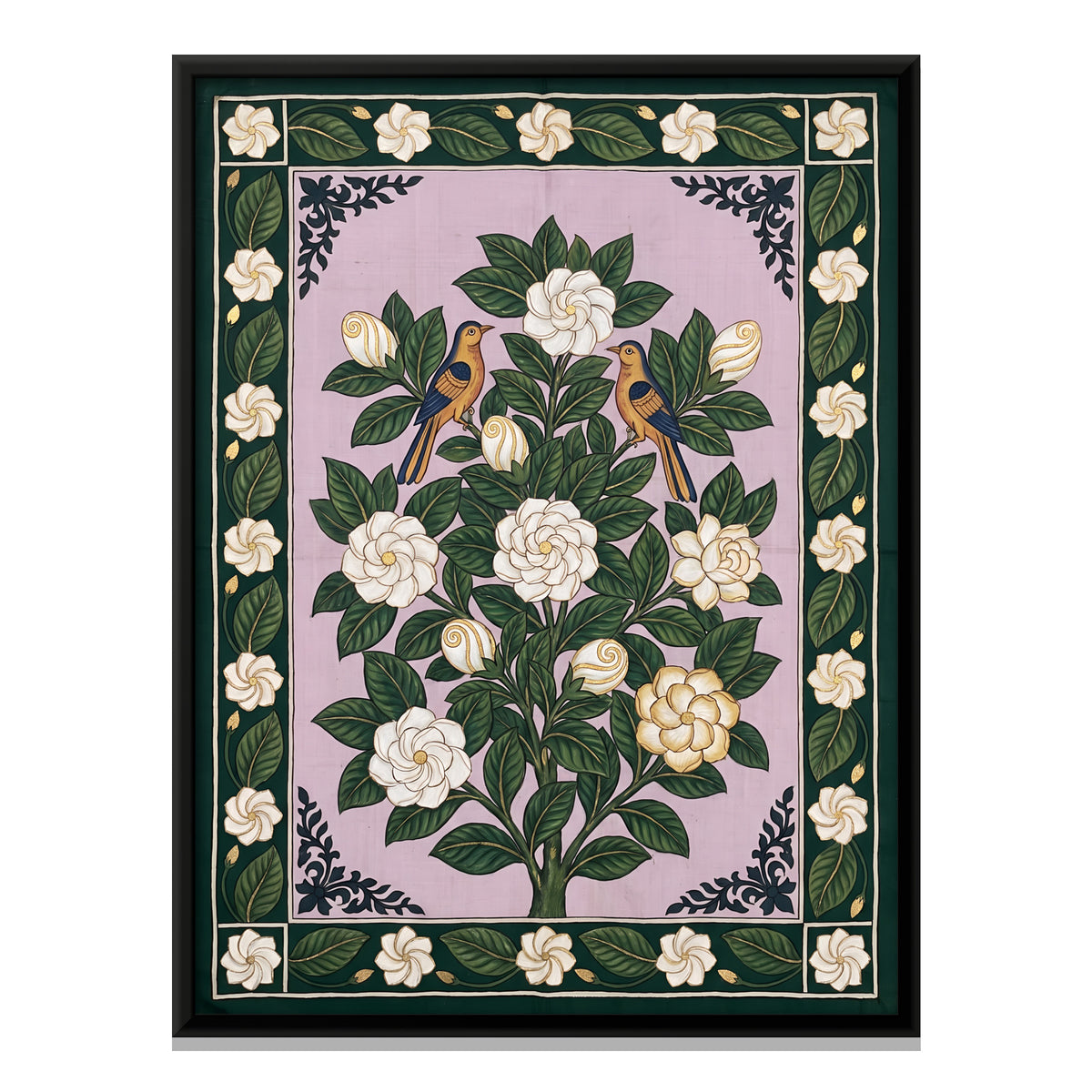 Gardenia Bush with Birds - framed canvas print, front view