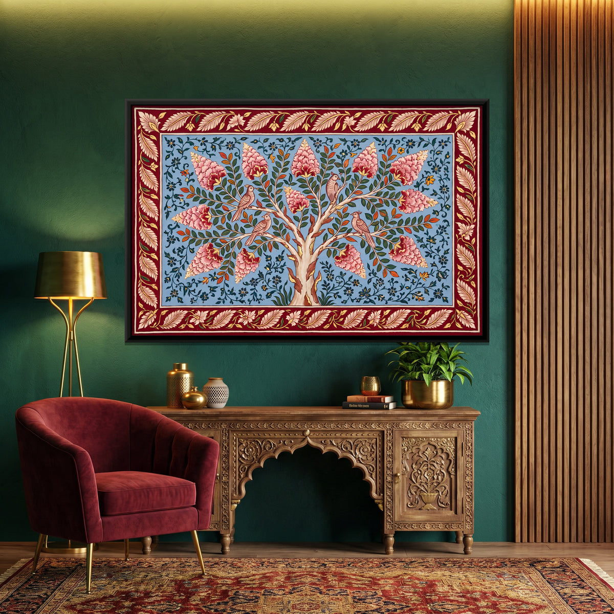 Tree of Life with Birds - canvas art shown in a styled room