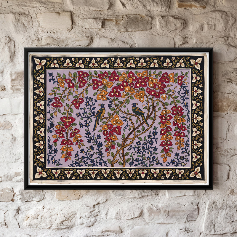 Birds in Bougainvillea - framed canvas art hung on a wall
