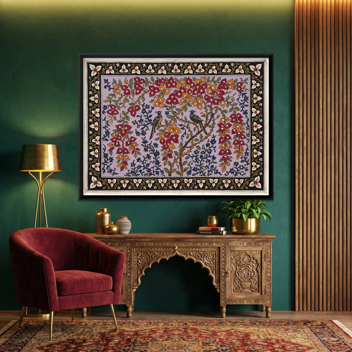 Birds in Bougainvillea - canvas art shown in a styled room