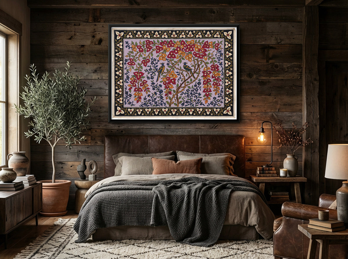 Birds in Bougainvillea - canvas art shown in a second room setting