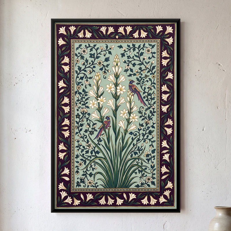 Tuberose with Birds - framed canvas art hung on a wall