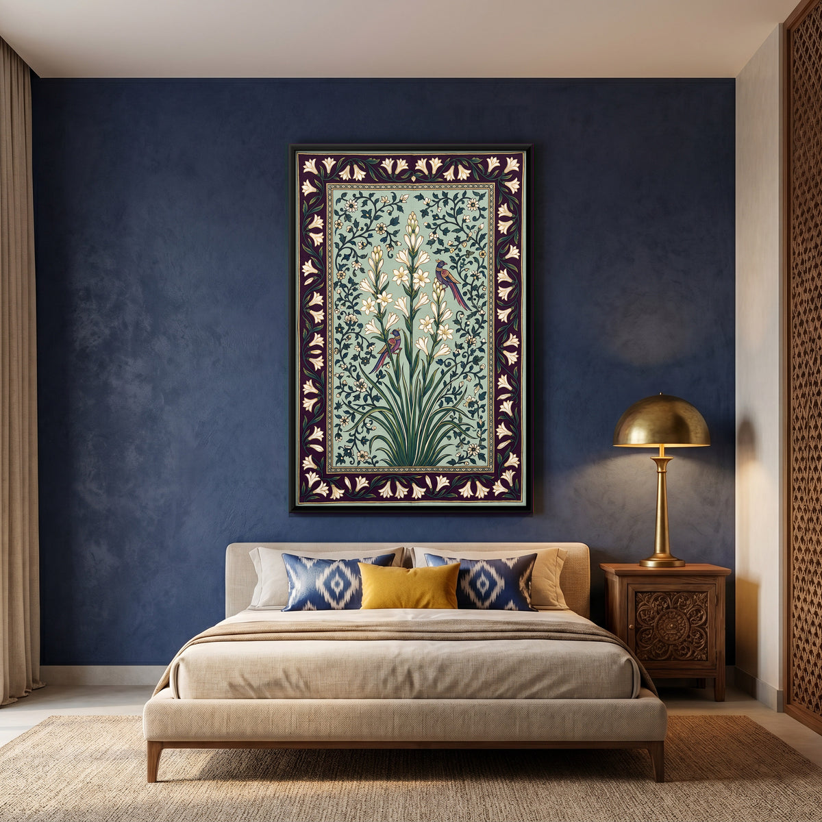 Tuberose with Birds - canvas art shown in a styled room