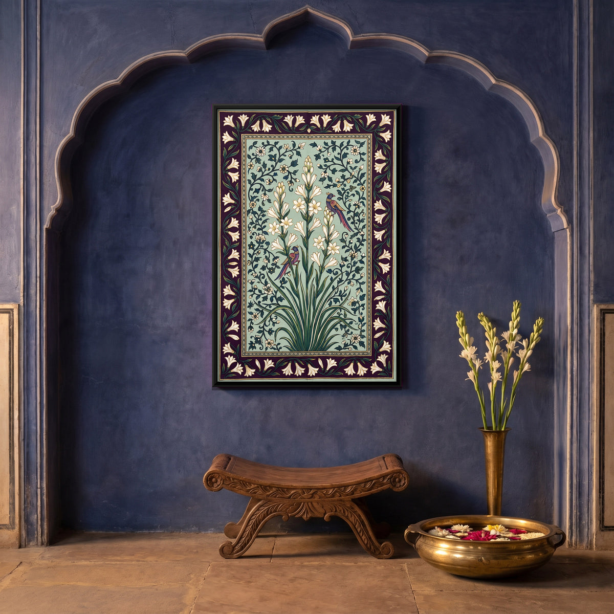 Tuberose with Birds - canvas art shown in a second room setting