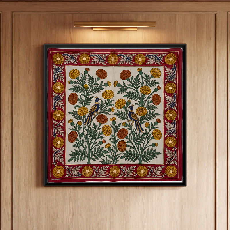 Birds Among Marigolds - framed canvas art hung on a wall