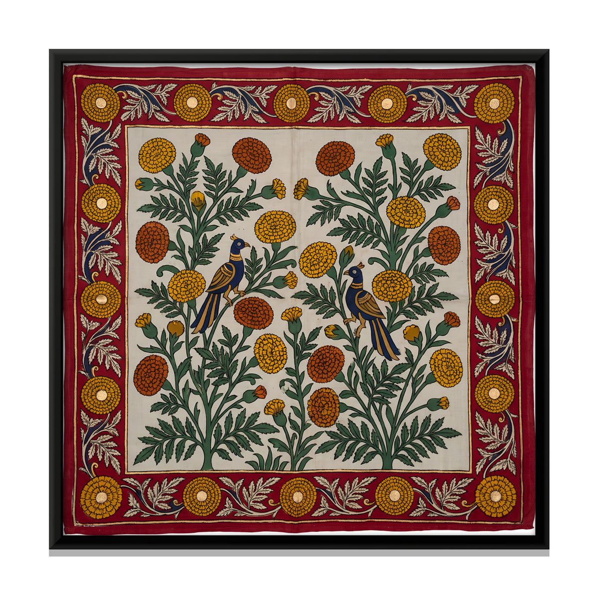 Birds Among Marigolds - framed canvas print, front view