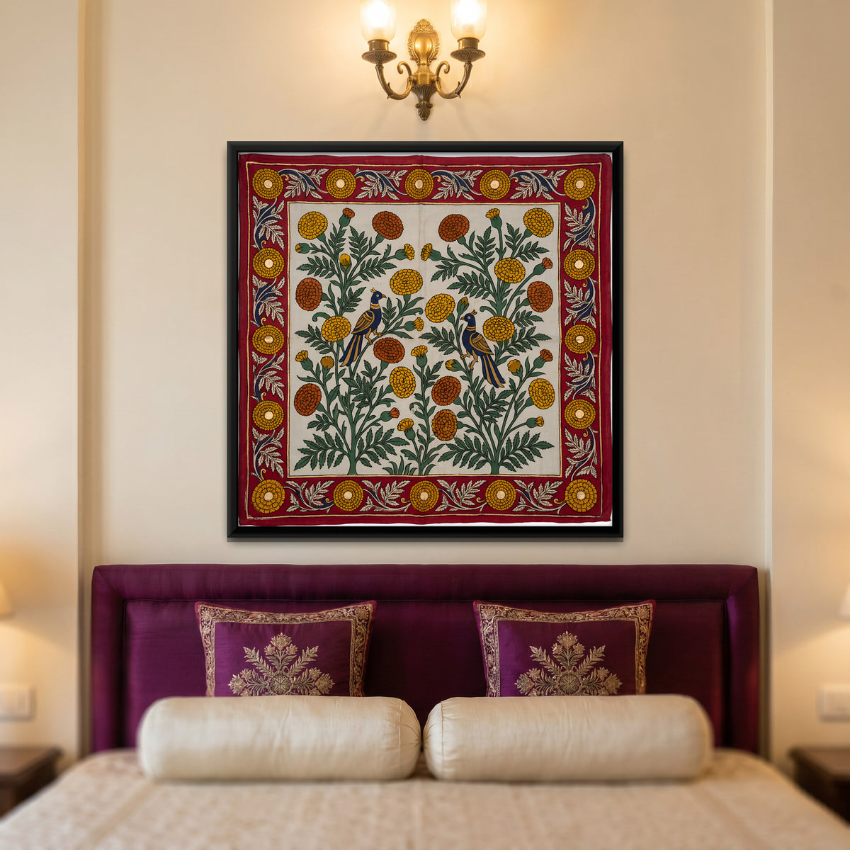Birds Among Marigolds - canvas art shown in a styled room