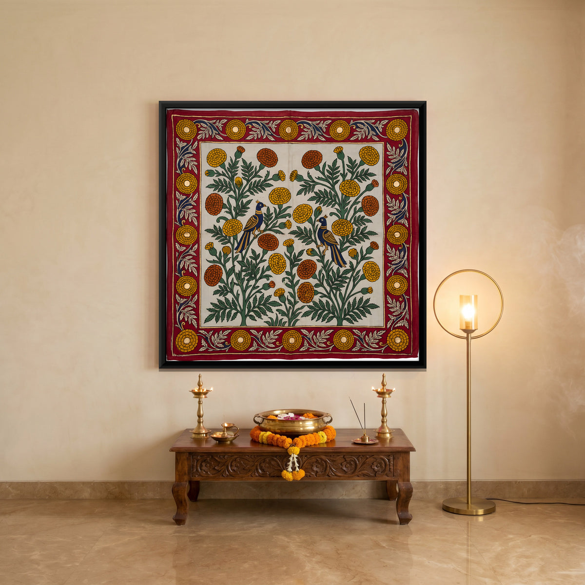 Birds Among Marigolds - canvas art shown in a second room setting