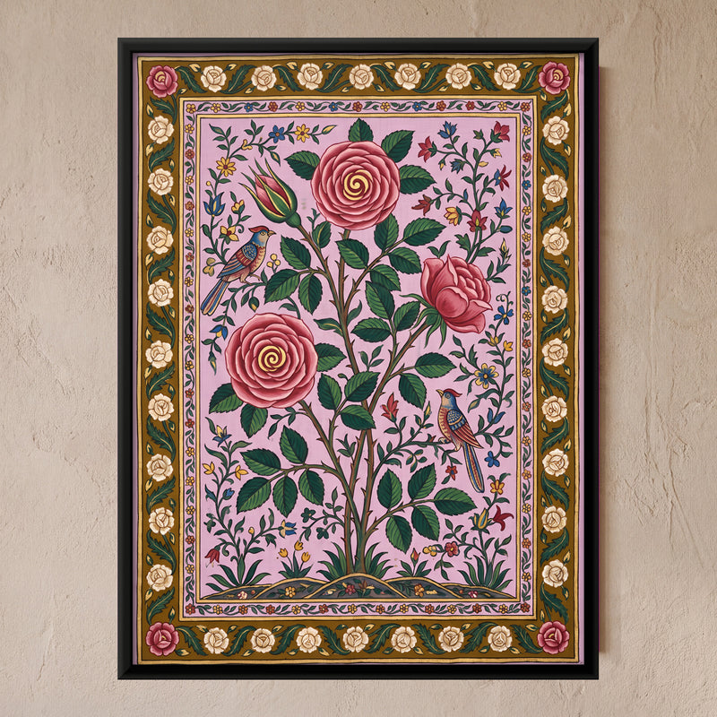 Rose Bush with Birds - framed canvas art hung on a wall