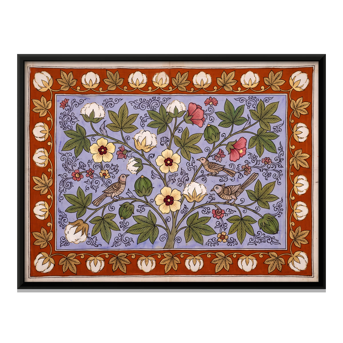Cotton Plant with Birds - framed canvas print, front view