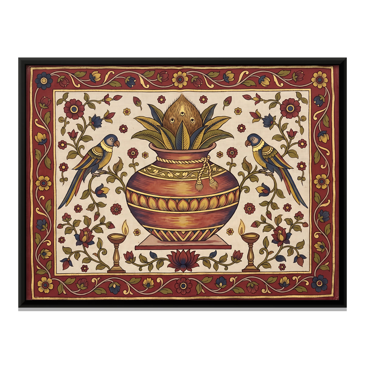 Kalash with Parrots - framed canvas print, front view