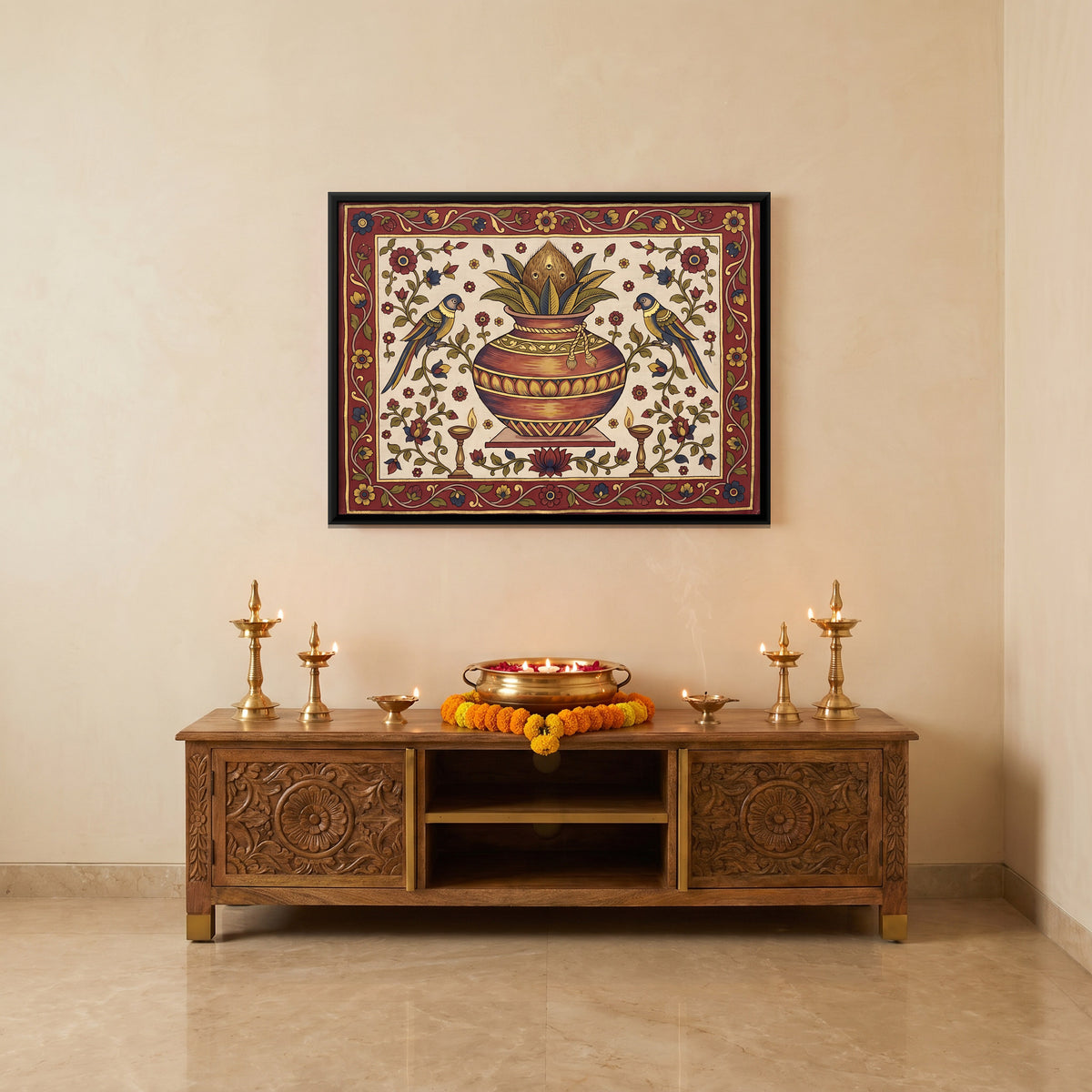 Kalash with Parrots - canvas art shown in a styled room