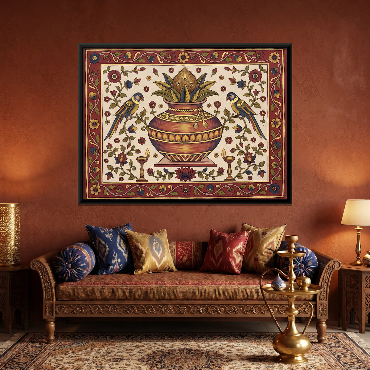Kalash with Parrots - canvas art shown in a second room setting