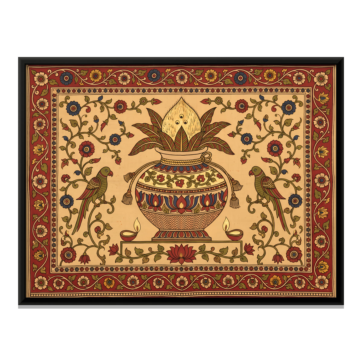 Kalash with Parrots - framed canvas print, front view