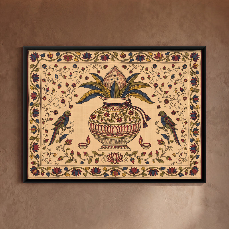 Kalash with Parrots - framed canvas art hung on a wall