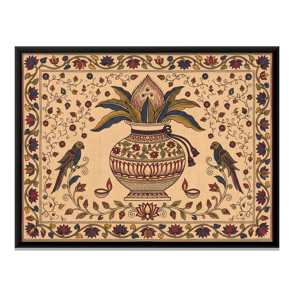 Kalash with Parrots - framed canvas print, front view