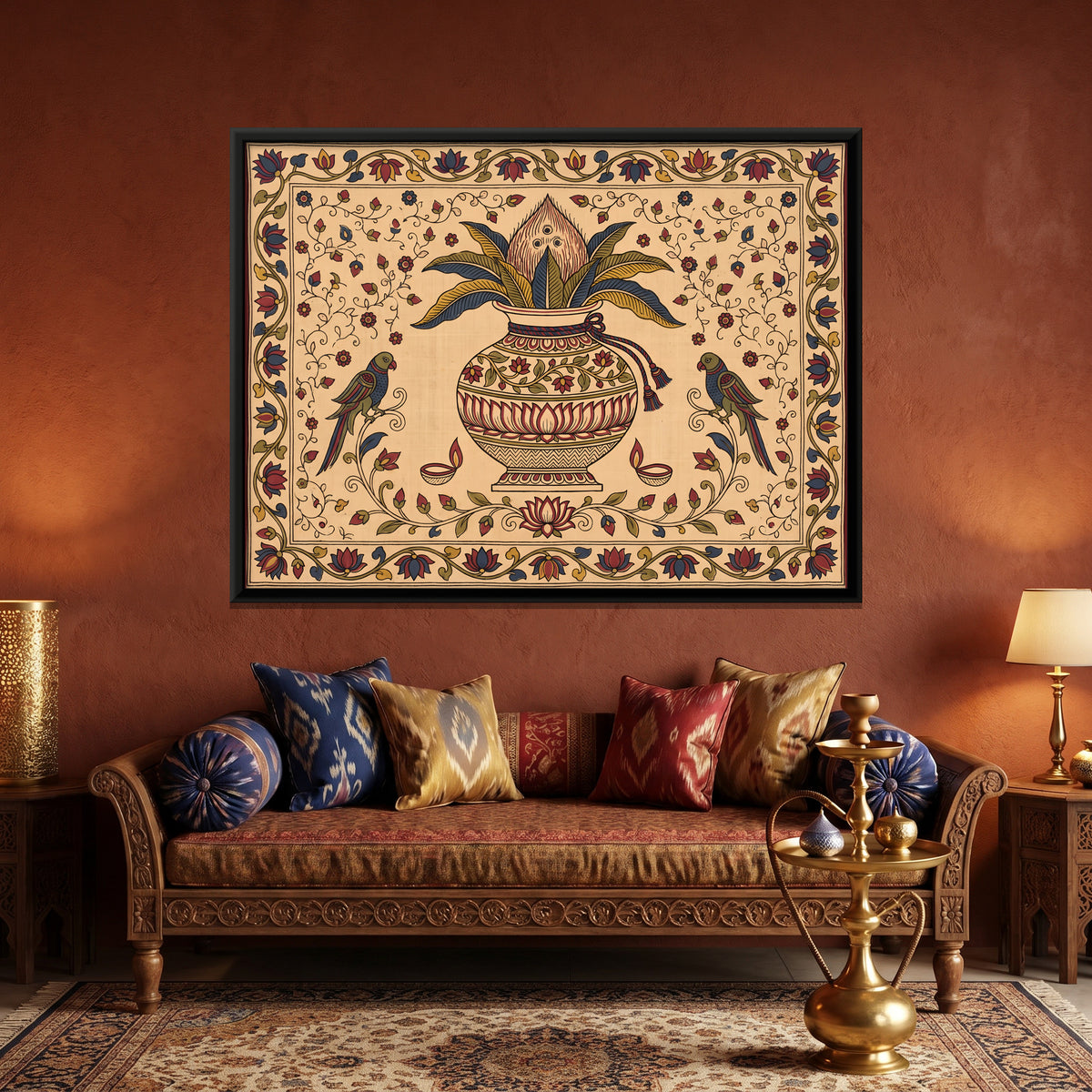 Kalash with Parrots - canvas art shown in a styled room