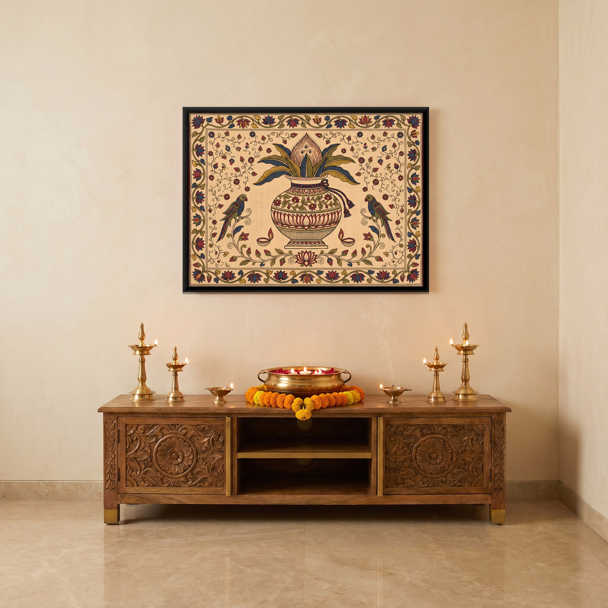 Kalash with Parrots - canvas art shown in a second room setting