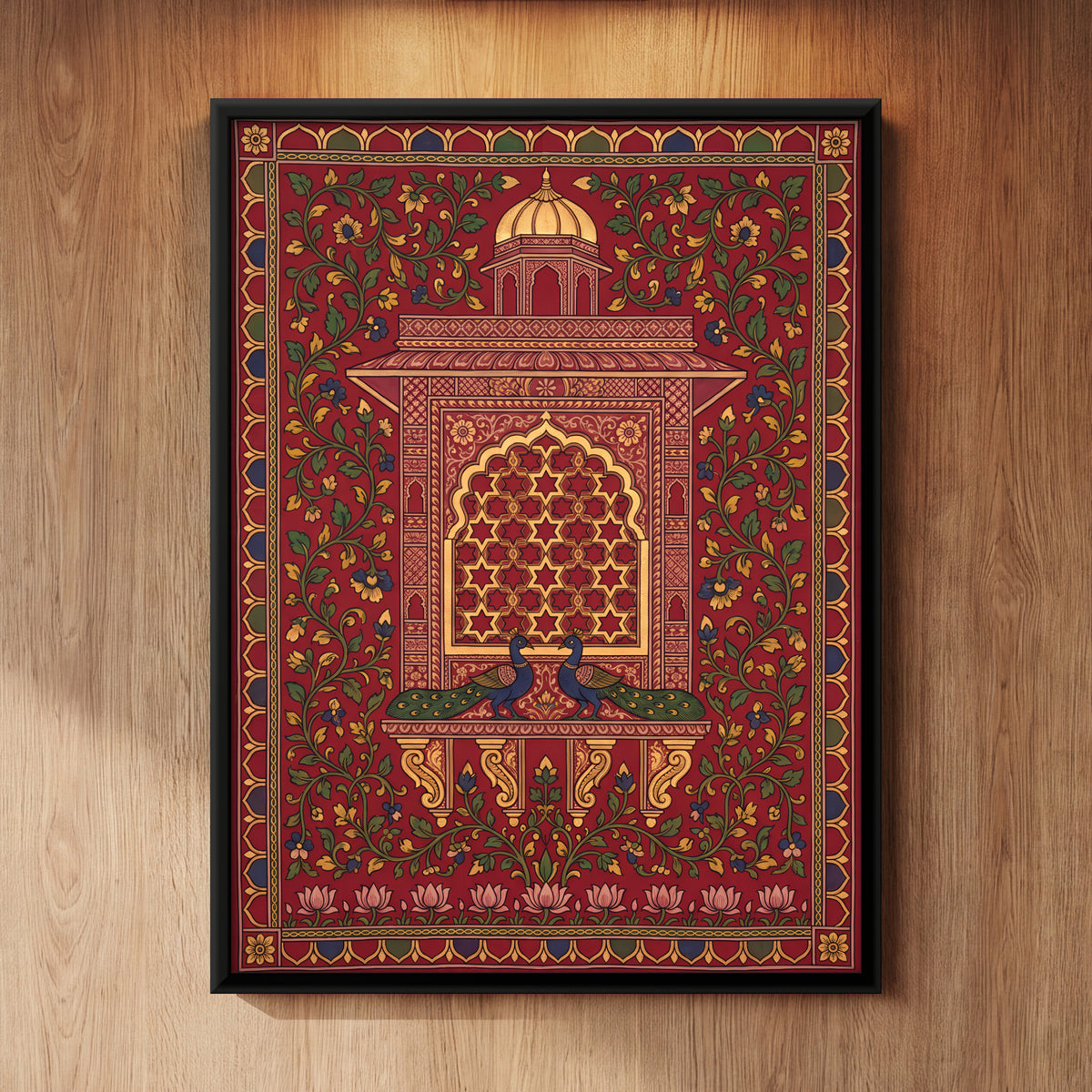Jharokha with Peacocks - framed canvas art hung on a wall