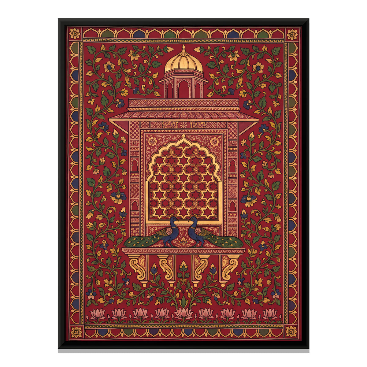 Jharokha with Peacocks - framed canvas print, front view