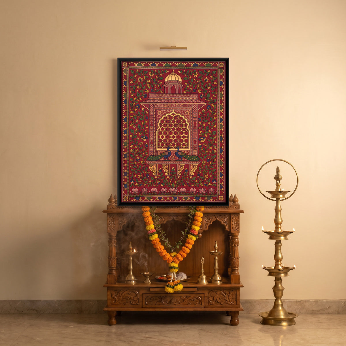 Jharokha with Peacocks - canvas art shown in a styled room