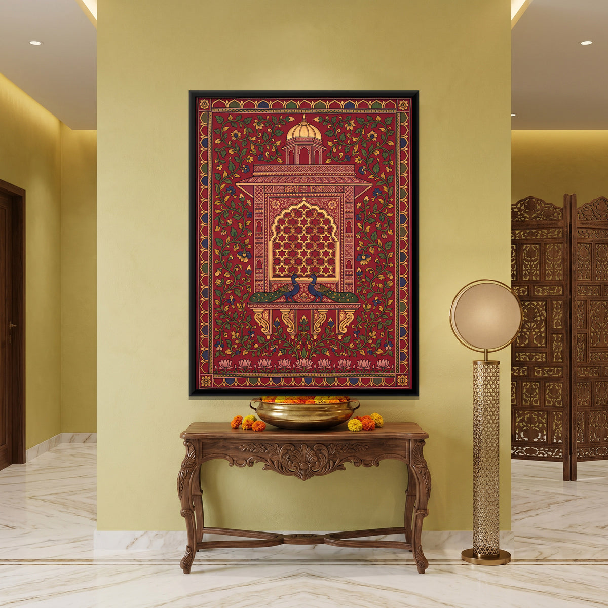 Jharokha with Peacocks - canvas art shown in a second room setting