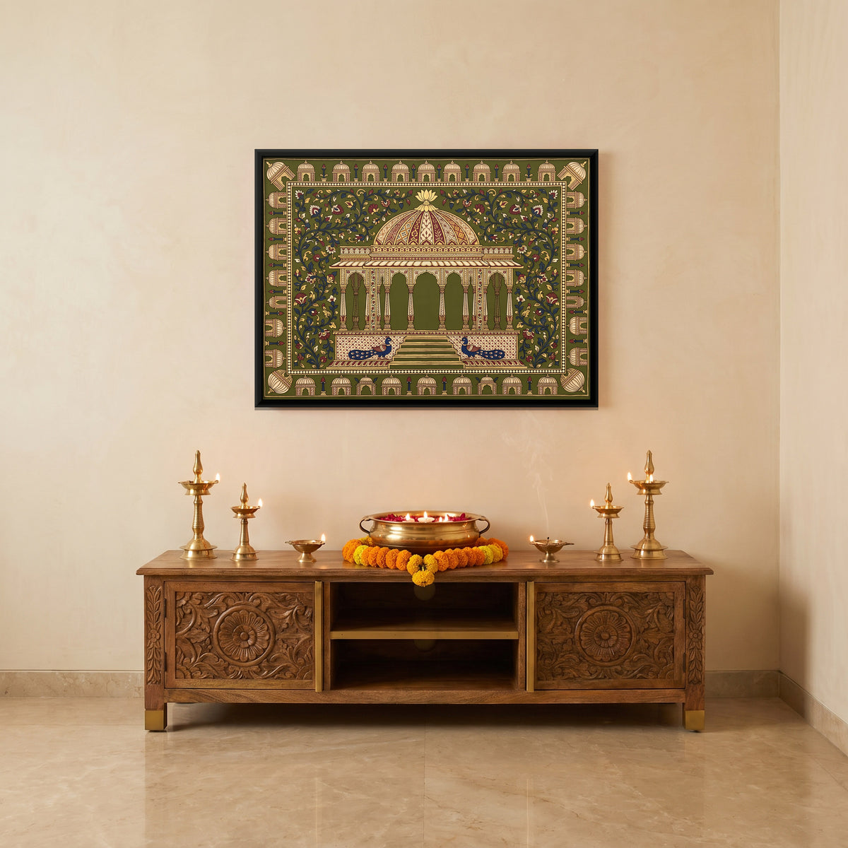 Domed Pavilion with Peacocks - canvas art shown in a styled room