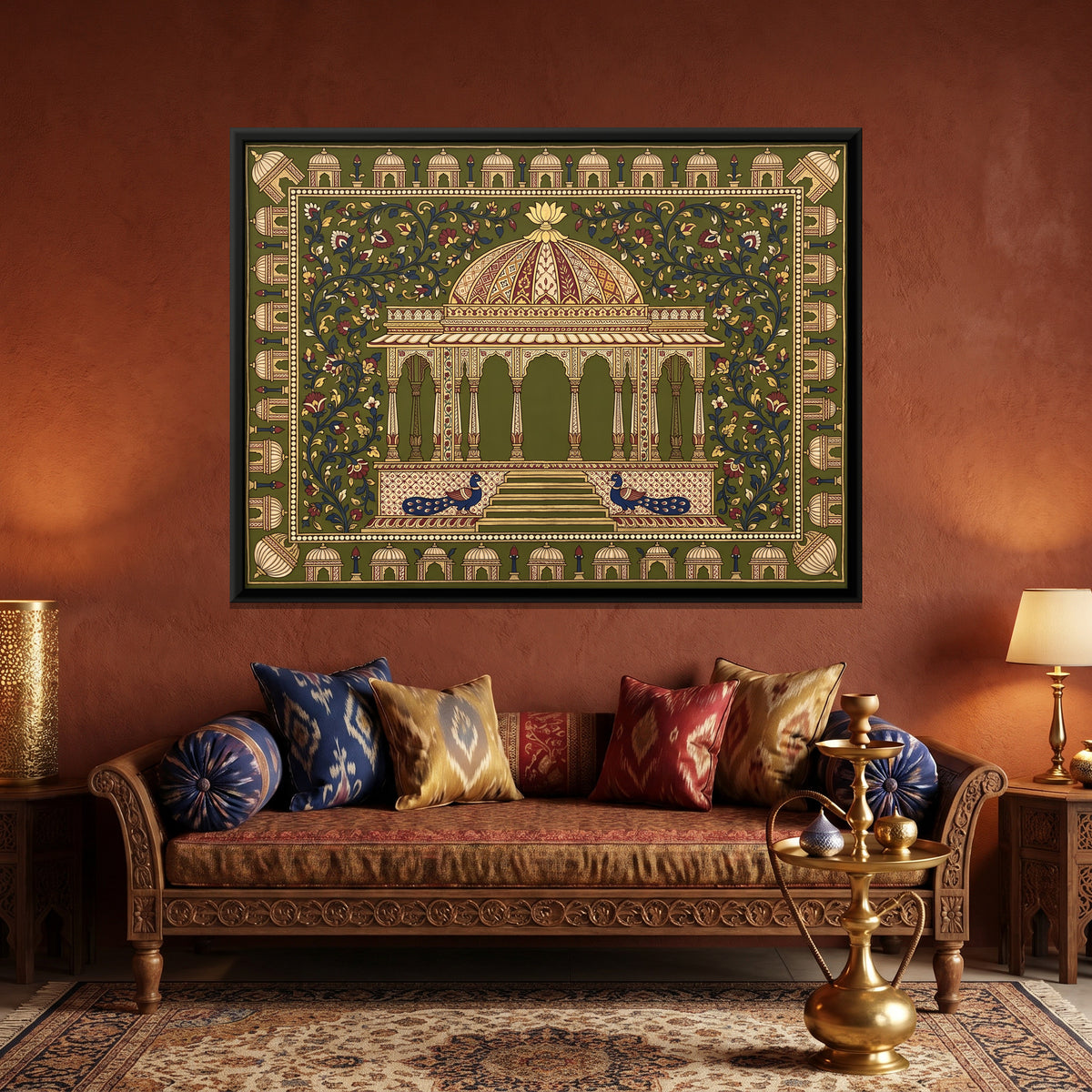 Domed Pavilion with Peacocks - canvas art shown in a second room setting