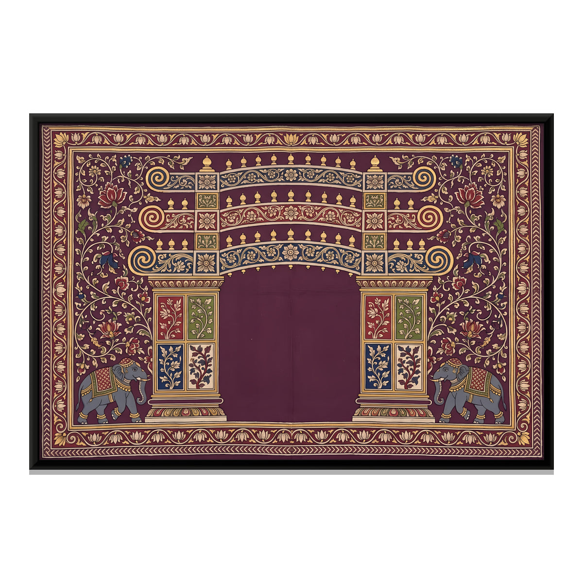 Temple Gateway with Elephants - framed canvas print, front view