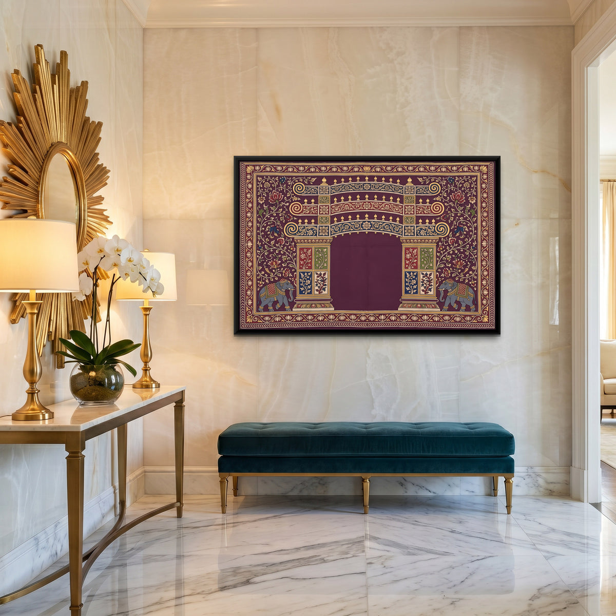 Temple Gateway with Elephants - canvas art shown in a second room setting