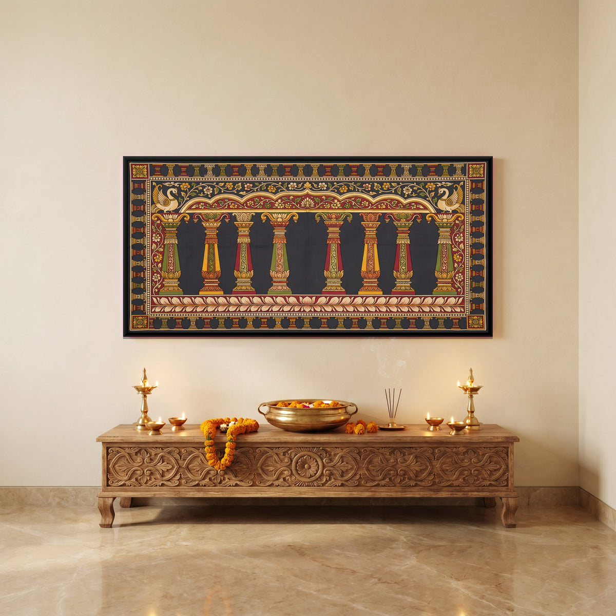 Pillared Temple Hall - canvas art shown in a styled room