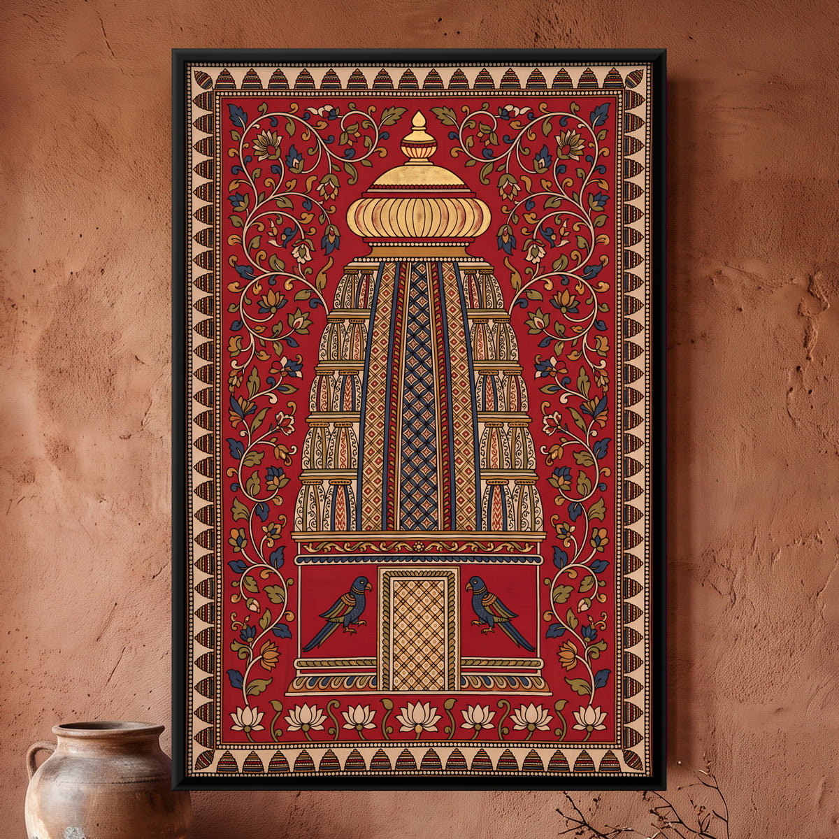 Temple Spire with Parrots - framed canvas art hung on a wall