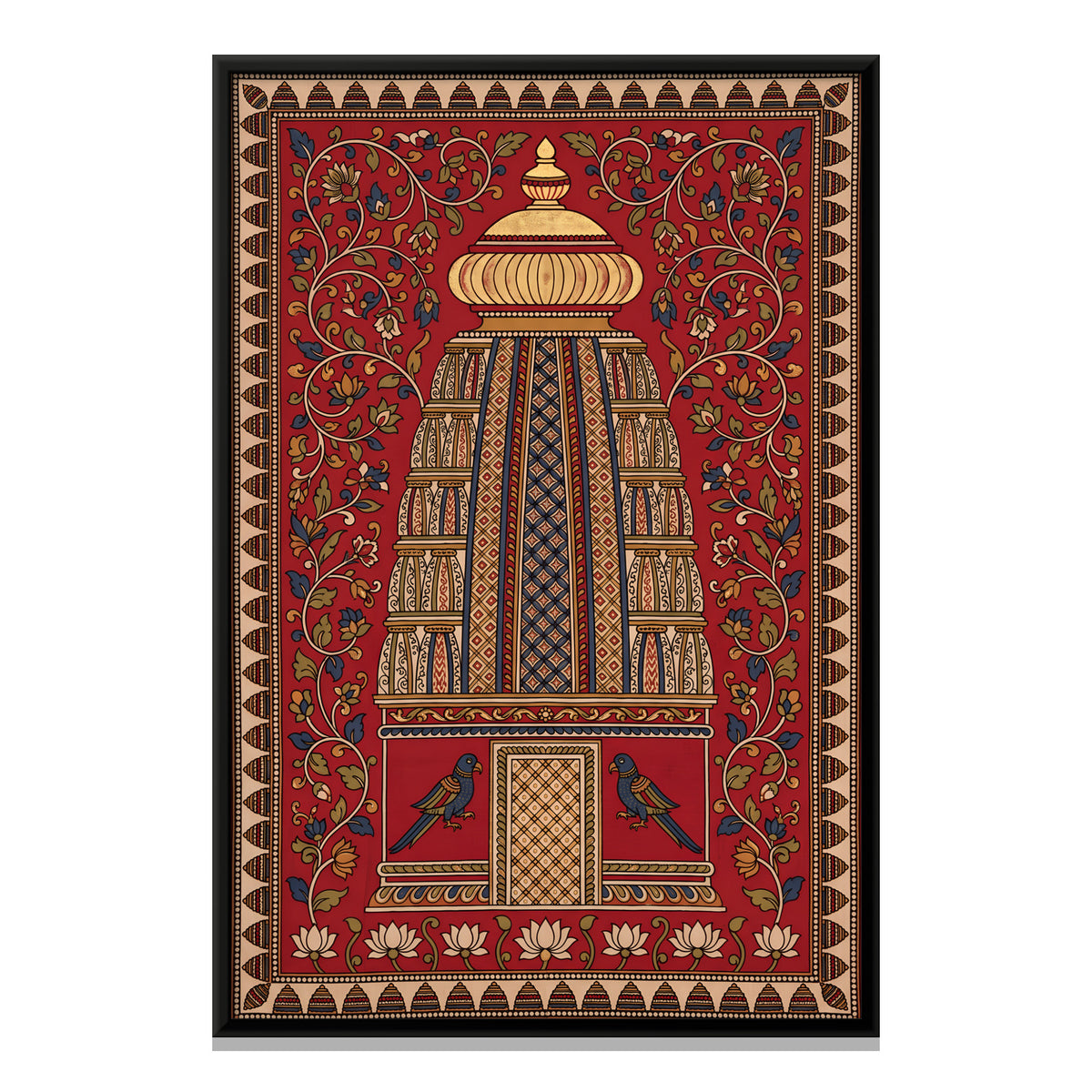 Temple Spire with Parrots - framed canvas print, front view