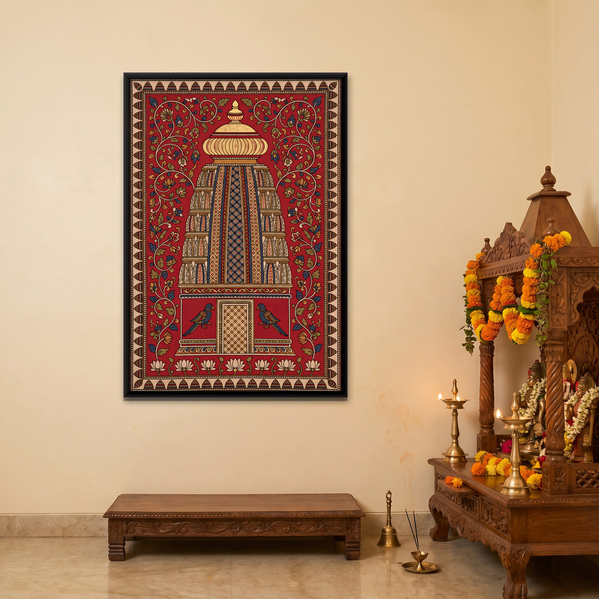 Temple Spire with Parrots - canvas art shown in a second room setting