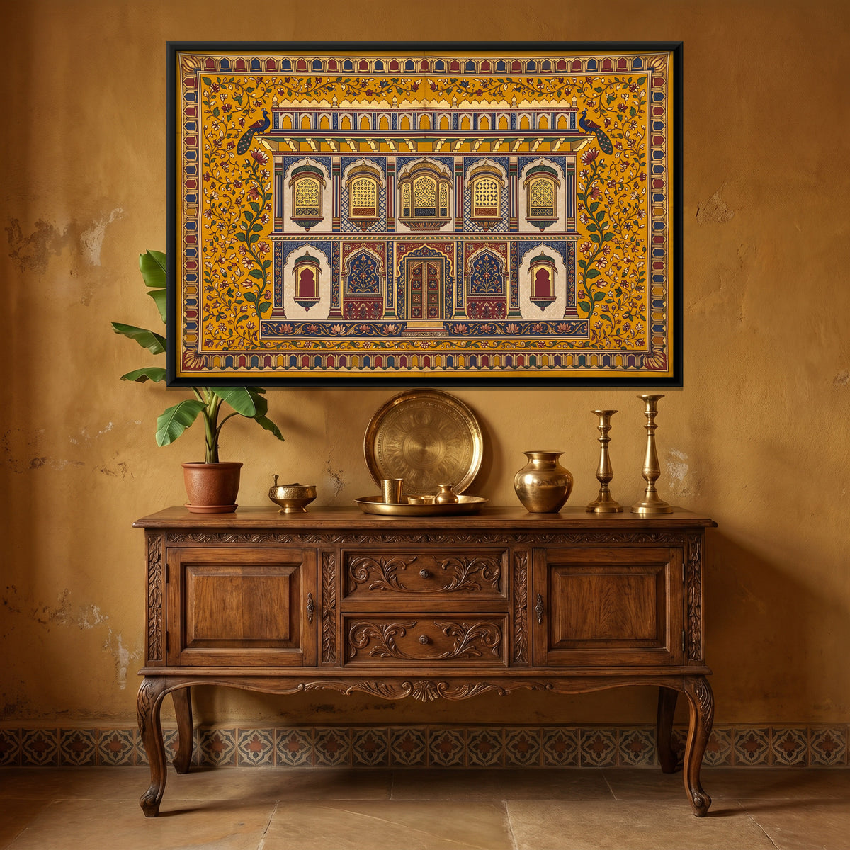 Haveli Facade - canvas art shown in a styled room