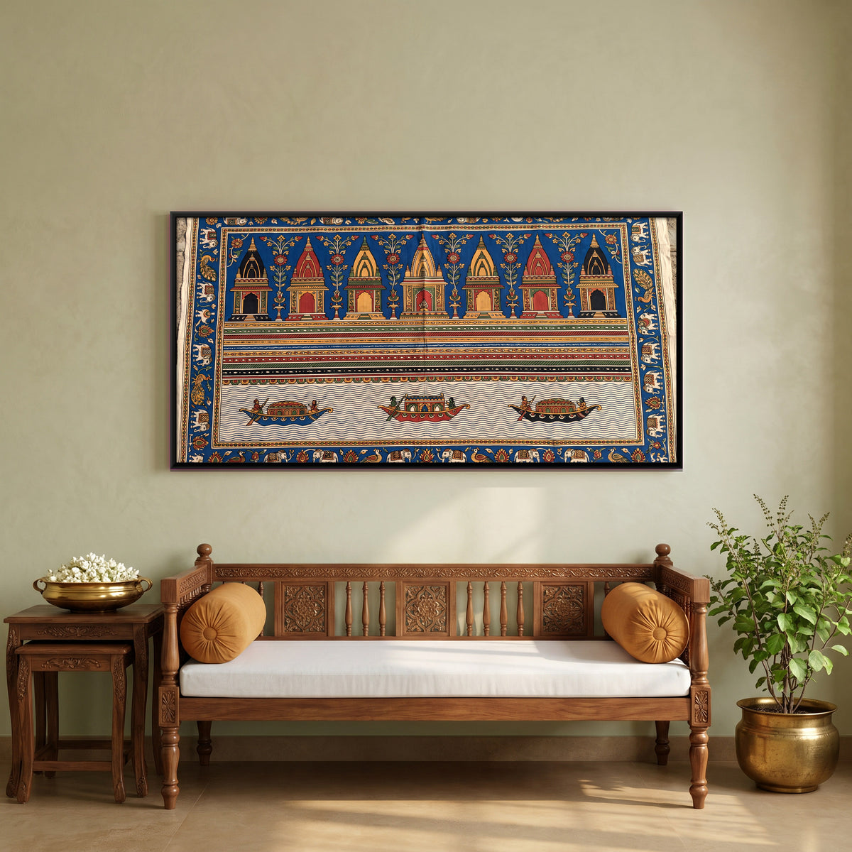 Temple Ghat with Boats - canvas art shown in a styled room