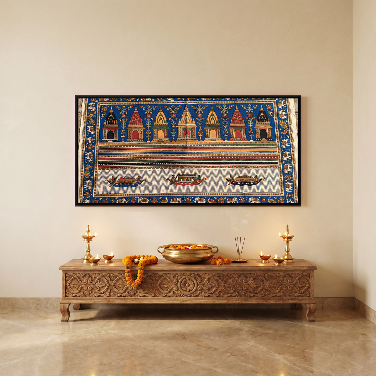 Temple Ghat with Boats - canvas art shown in a second room setting