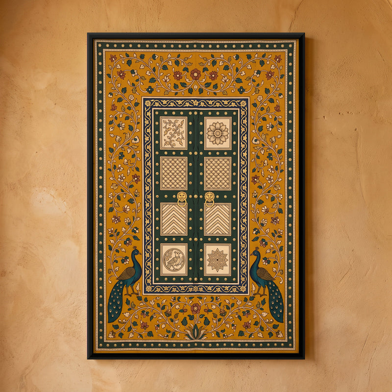 Carved Door with Peacocks - framed canvas art hung on a wall