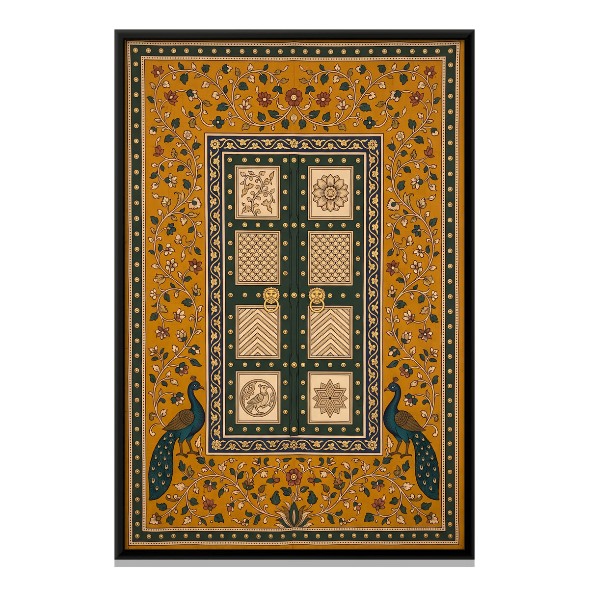 Carved Door with Peacocks - framed canvas print, front view