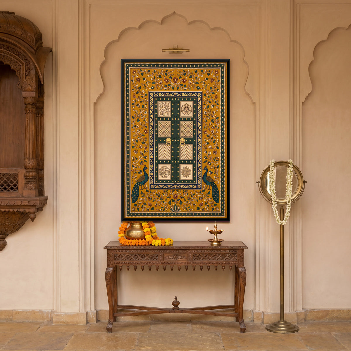 Carved Door with Peacocks - canvas art shown in a styled room