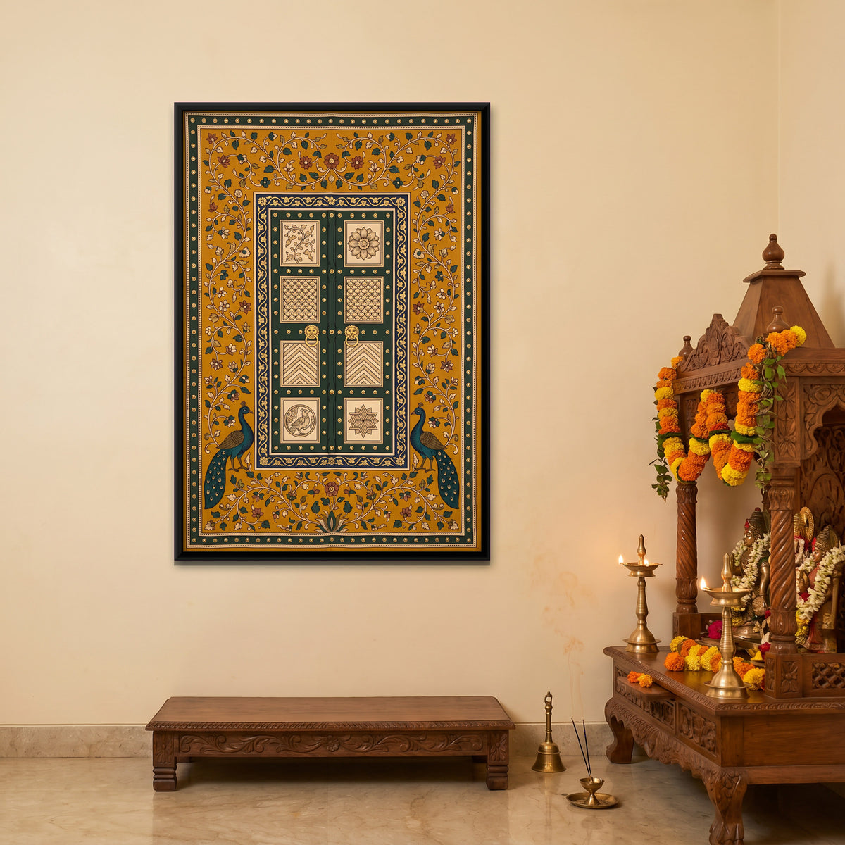 Carved Door with Peacocks - canvas art shown in a second room setting