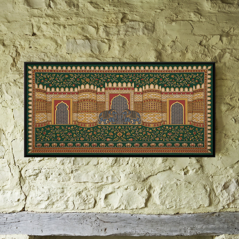 Elephants at the Fort Gate - framed canvas art hung on a wall