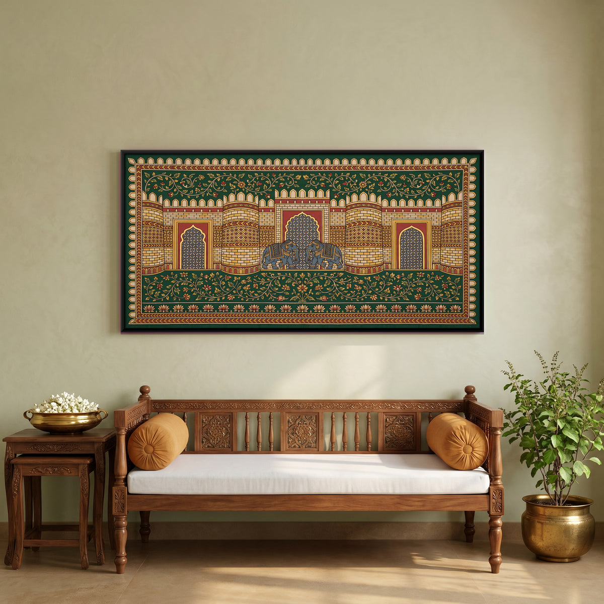 Elephants at the Fort Gate - canvas art shown in a styled room