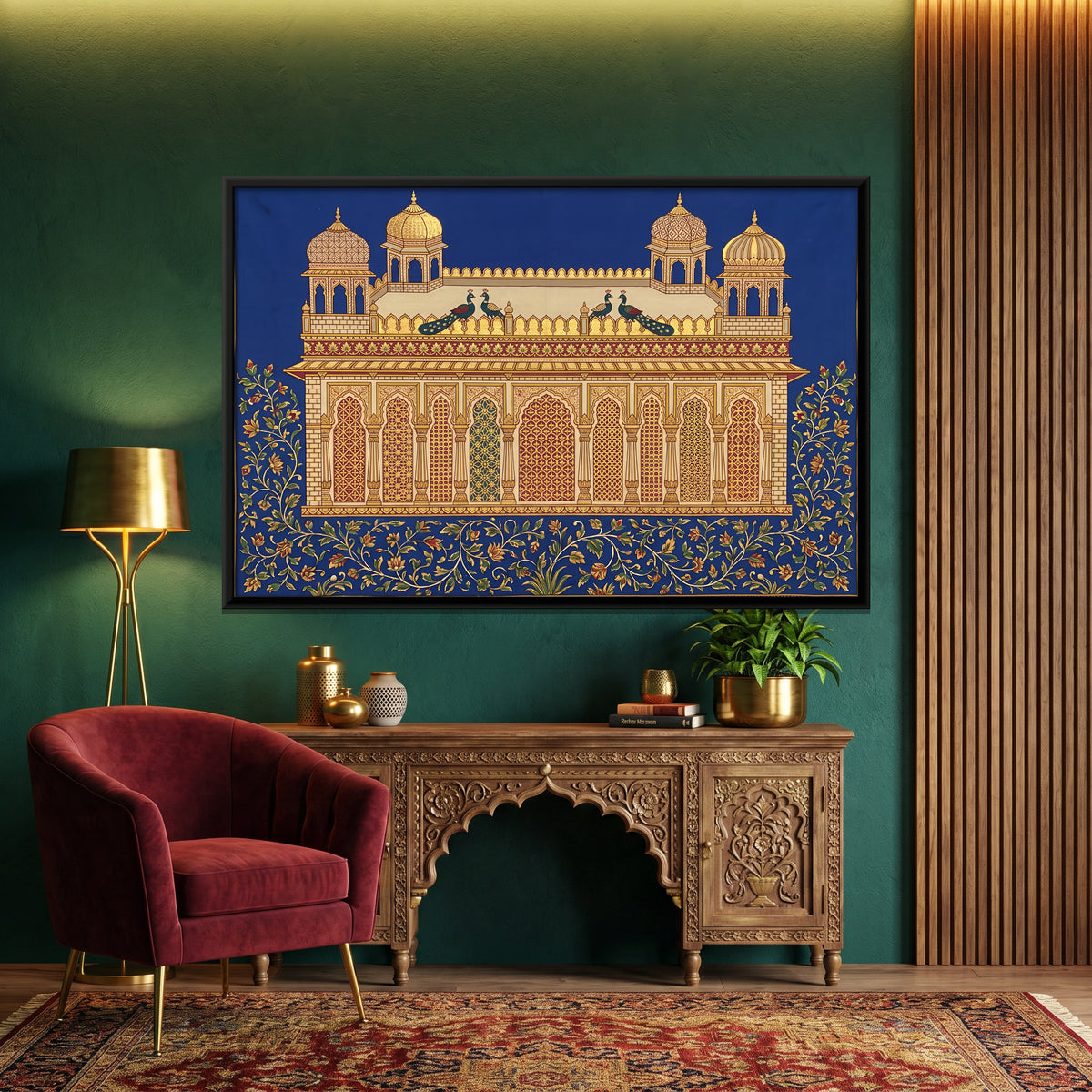 Arcaded Pavilion with Peacocks - canvas art shown in a styled room