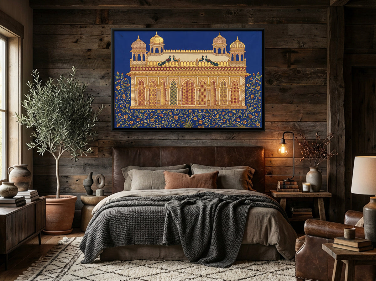 Arcaded Pavilion with Peacocks - canvas art shown in a second room setting
