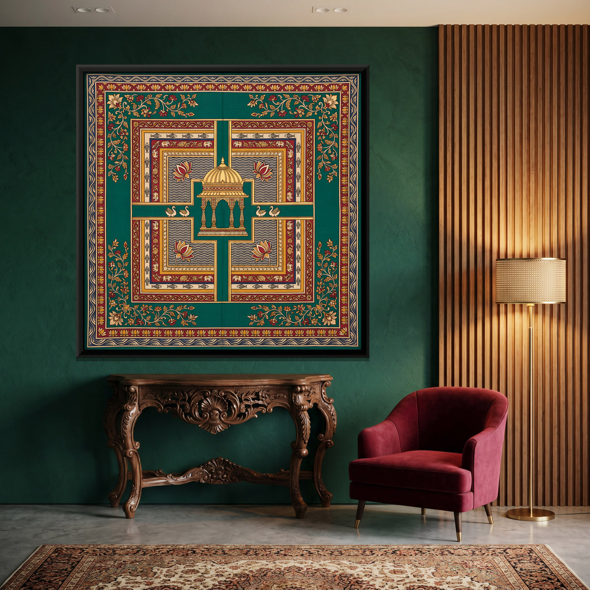 Temple Tank with Pavilion - canvas art shown in a styled room