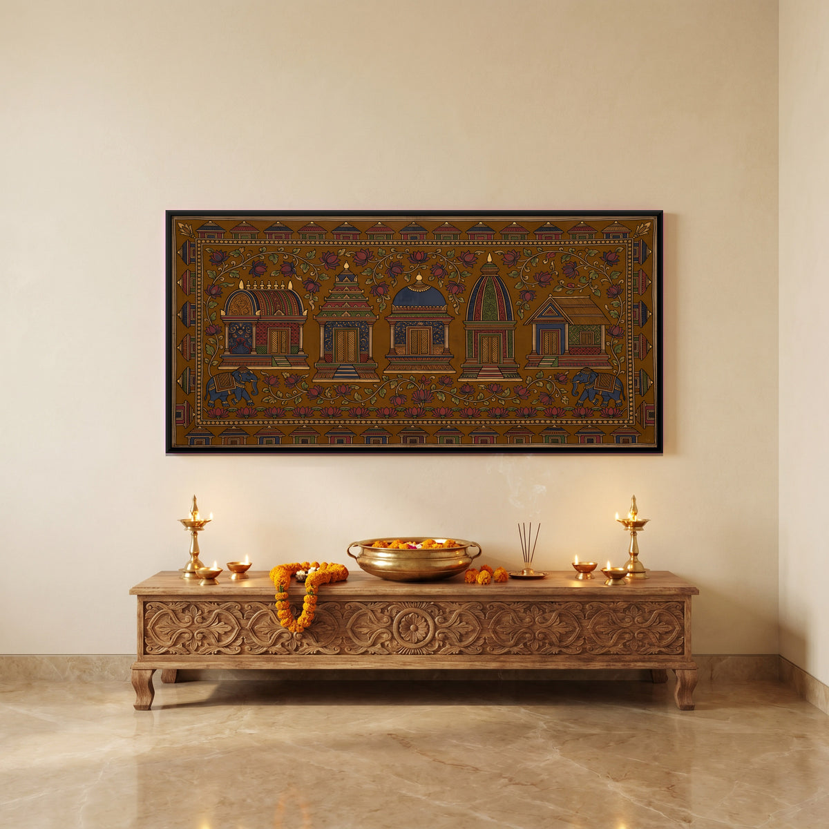 Row of Five Shrines - canvas art shown in a second room setting